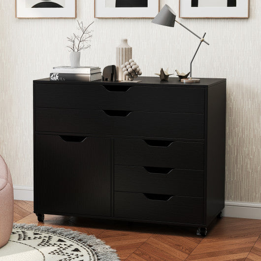 Modern Vertical 5-Drawer Mobile Chest with Door 5 Casters-Black