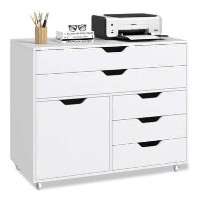 Modern Vertical 5-Drawer Mobile Chest with Door 5 Casters-White