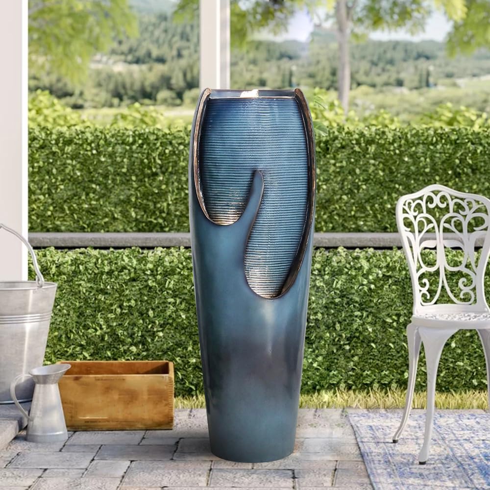 Concrete Turquoise Cracked Jar Outdoor Fountain 38 Inch
