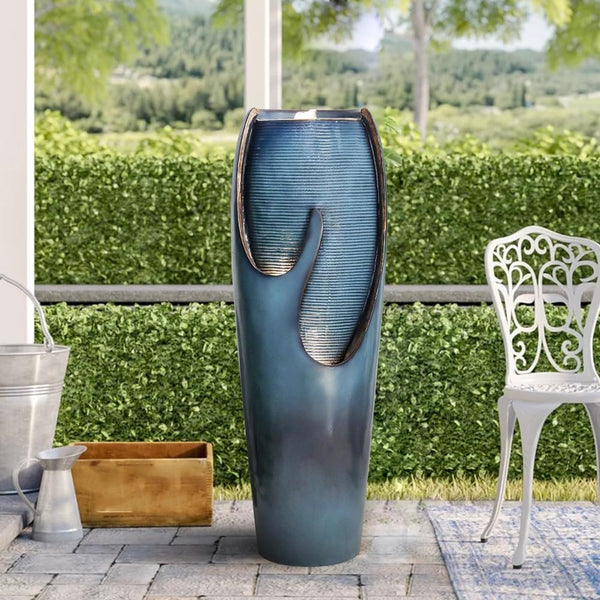 Concrete Turquoise Cracked Jar Outdoor Fountain 38 Inch
