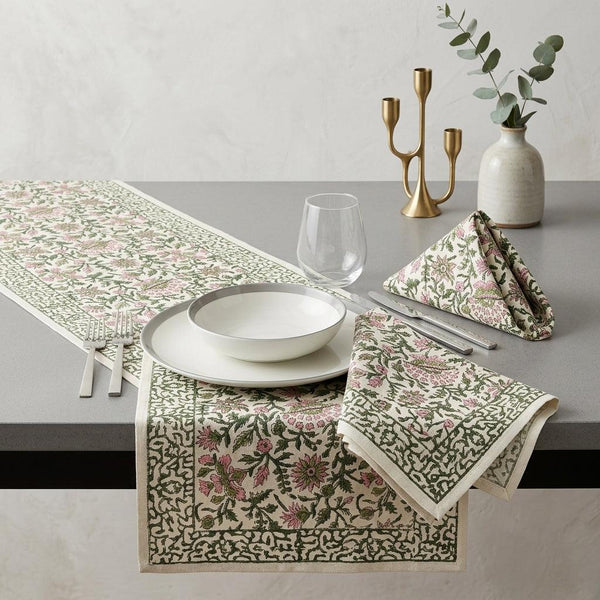 Hand Block Printed Cotton Emerald Green & Pink All-Over 13 Pieces Floral Table Linen Set