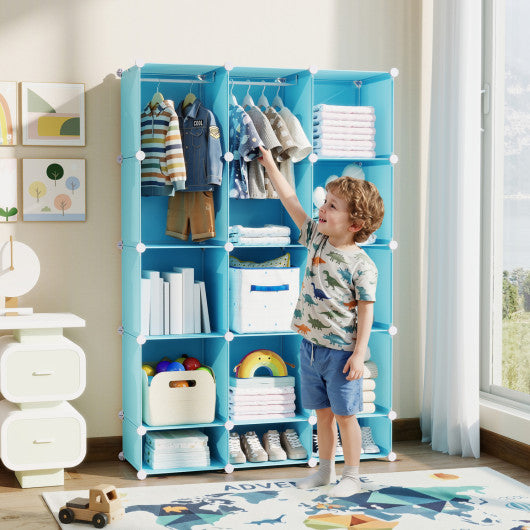 Modular Baby Wardrobe with 13 Cubes and Hanging Rod and Shelves Stackable-Blue