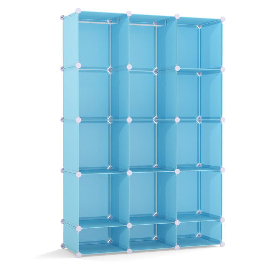 Modular Baby Wardrobe with 13 Cubes and Hanging Rod and Shelves Stackable-Blue