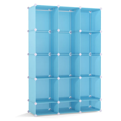 Modular Baby Wardrobe with 13 Cubes and Hanging Rod and Shelves Stackable-Blue