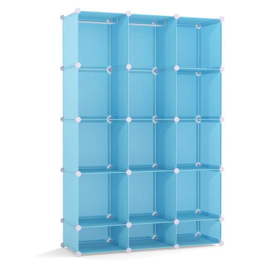 Modular Baby Wardrobe with 13 Cubes and Hanging Rod and Shelves Stackable-Blue