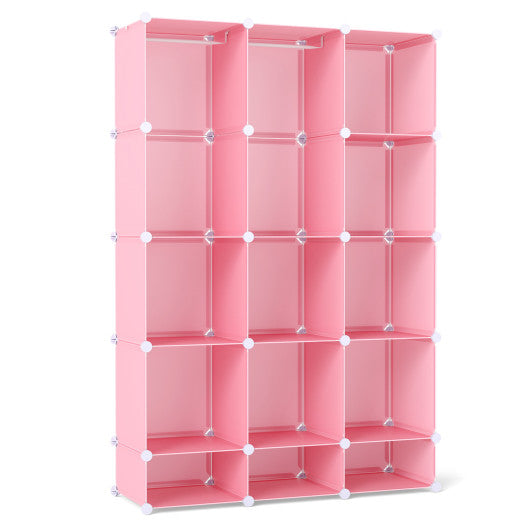 Modular Baby Wardrobe with 13 Cubes and Hanging Rod and Shelves Stackable-Pink