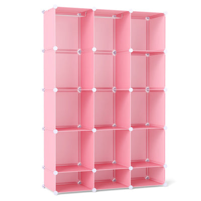 Modular Baby Wardrobe with 13 Cubes and Hanging Rod and Shelves Stackable-Pink