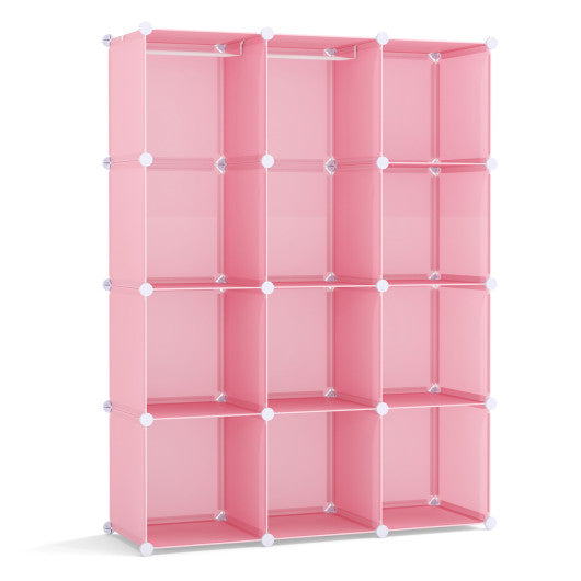 Modular Baby Wardrobe with 10 Cubes & Hanging Rod and Shelves Stackable-Pink