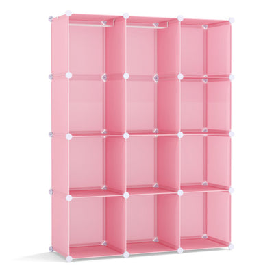 Modular Baby Wardrobe with 10 Cubes & Hanging Rod and Shelves Stackable-Pink