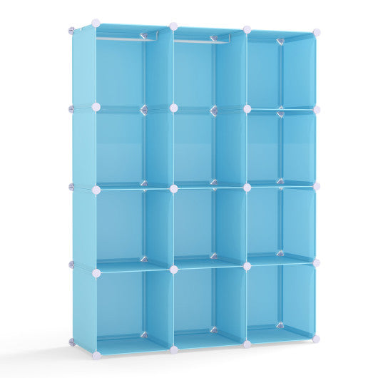 Modular Baby Wardrobe with 10 Cubes & Hanging Rod and Shelves Stackable-Blue