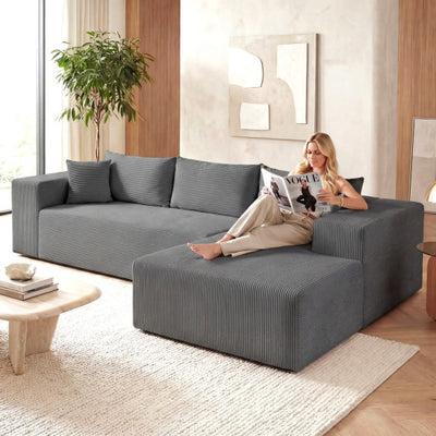 Modular Sectional Sofa Corduroy Upholstered L-shaped Sofa Couch with Deep Seats-Gray