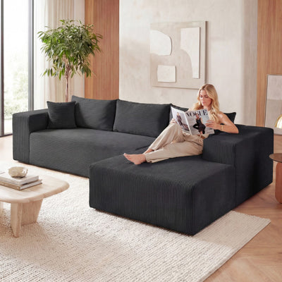 Modular Sectional Sofa Corduroy Upholstered L-shaped Sofa Couch with Deep Seats-Black
