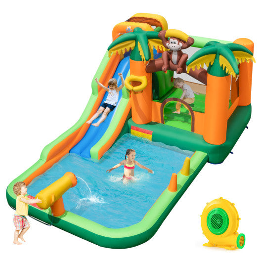 Monkey-Themed Inflatable Water Slide with Jumping Area and Pool with 680W Blower