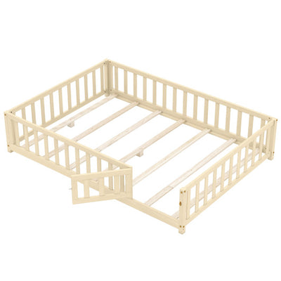 Montessori Bed Frame with Full-length Guardrails Safety Door and Latch-Natural