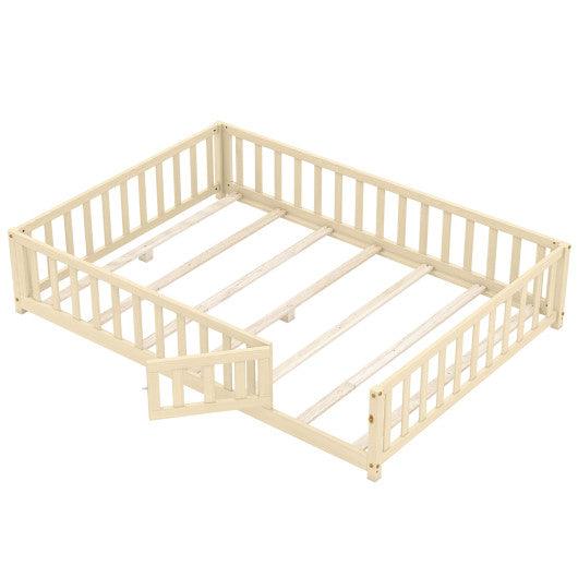 Montessori Bed Frame with Full-length Guardrails Safety Door and Latch-Natural