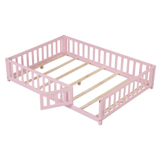 Montessori Bed Frame with Full-length Guardrails Safety Door and Latch-Pink