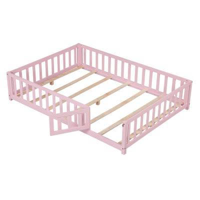 Montessori Bed Frame with Full-length Guardrails Safety Door and Latch-Pink
