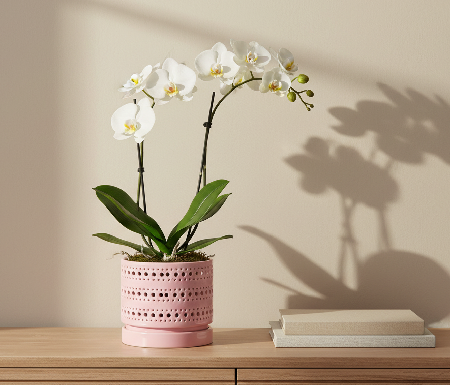 Moon Gate Orchid Planter with Attached Saucer- Pastel By Plantatorem