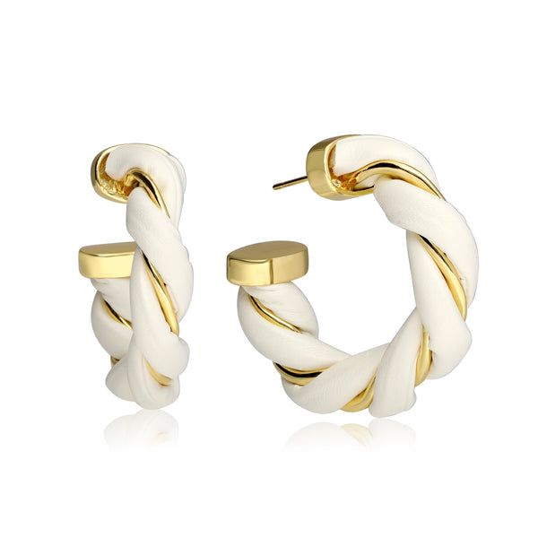 Gold-Plated Twisted Leather Hoop Earrings with Gift Pouch
