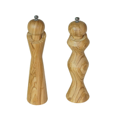 Olive Wood Salt and Pepper Mill Set - Sculpted Body Shapes