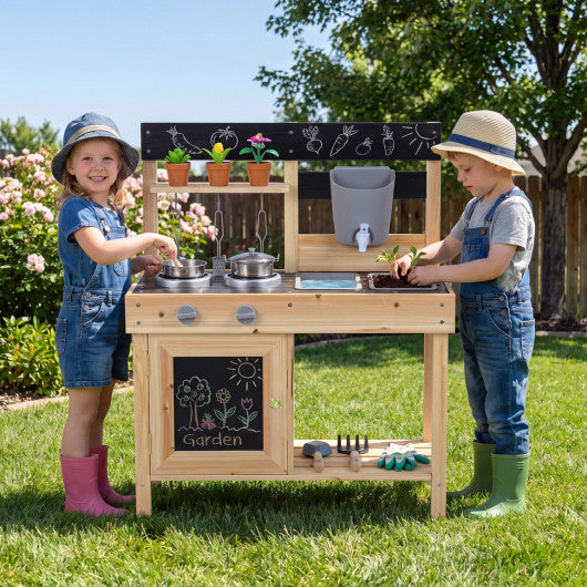 Mud Kitchen Playset Kids Play Kitchen Outdoor with 2 Removable Sinks-Natural
