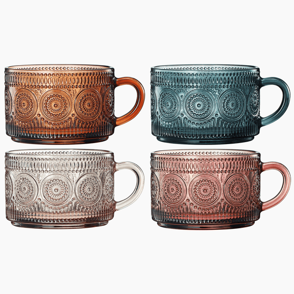 Tonal Hobnail Mug Glassware with Four Gold Spoons, Set of 4