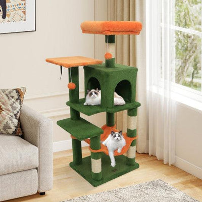 Multi-Level Cat Tower with 2-Door Condo and Padded Top Perch-Green