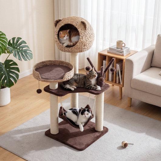 Multi-Level Cat Tree with Condo Hammock and Rotatable Hanging Balls-Brown
