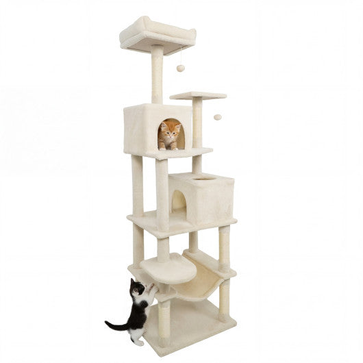 Multi-level Cat Tree Modern Cat Tower with Upholstered Perch and 2 Cat Condo-Beige
