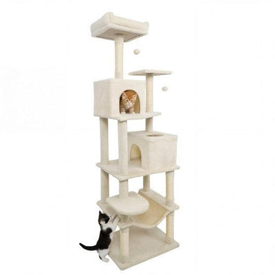 Multi-level Cat Tree Modern Cat Tower with Upholstered Perch and 2 Cat Condo-Beige