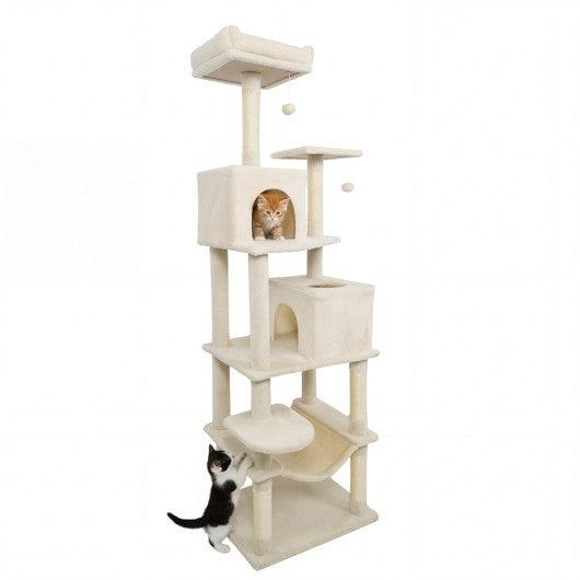 Multi-level Cat Tree Modern Cat Tower with Upholstered Perch and 2 Cat Condo-Beige