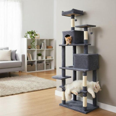 Multi-level Cat Tree Modern Cat Tower with Upholstered Perch and 2 Cat Condo-Dark Gray