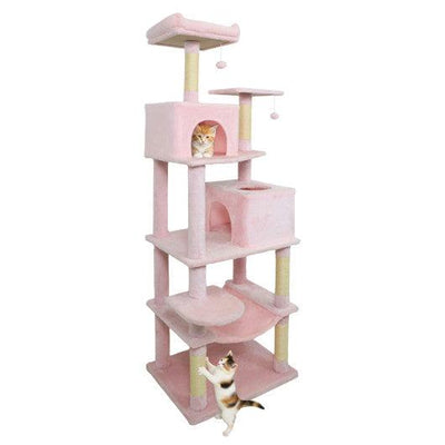 Multi-level Cat Tree Modern Cat Tower with Upholstered Perch and 2 Cat Condo-Pink
