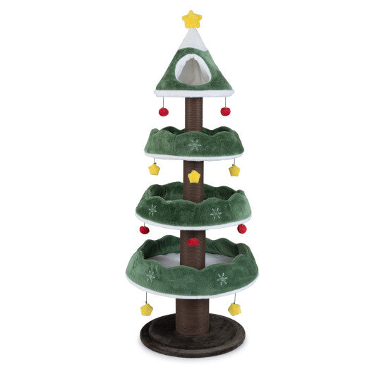 Multi-level Christmas Cat Tree with 3 Platforms & Upholstered Top Perch-Multicolor