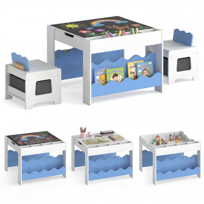 Multi-purpose Activity Kids Table and Chairs Set with Double-sided Tabletop-Blue