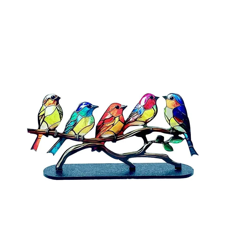 Multicolor Stained Acrylic Birds on Branch for Desktop Display