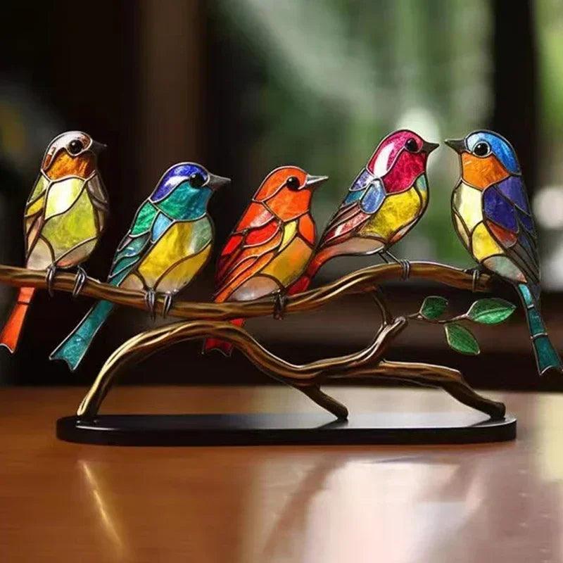 Multicolor Stained Acrylic Birds on Branch for Desktop Display