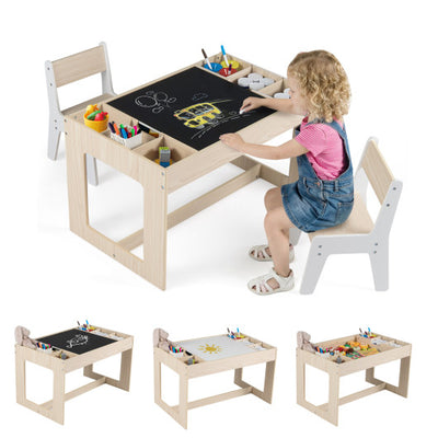 Multifunctional Kids Table and 2 Chairs Set with Chalkboard-Natural