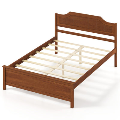 Multiple Size Solid Wood Platform Bed Frame with Headboard in Walnut-Full Size