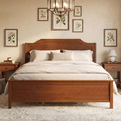 Multiple Size Solid Wood Platform Bed Frame with Headboard in Walnut-Queen Size