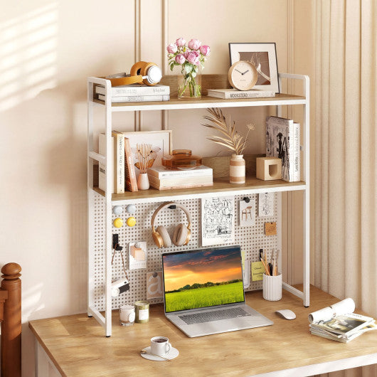 Multipurpose 2-Tier Desktop Bookshelf with Pegboard for up to 32 Inch Computer Monitor-Natural