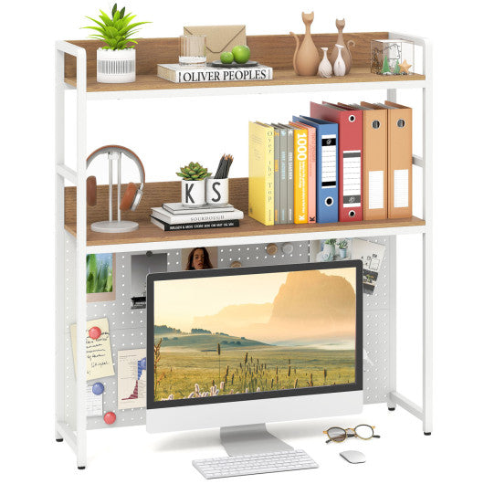Multipurpose 2-Tier Desktop Bookshelf with Pegboard for up to 32 Inch Computer Monitor-Natural