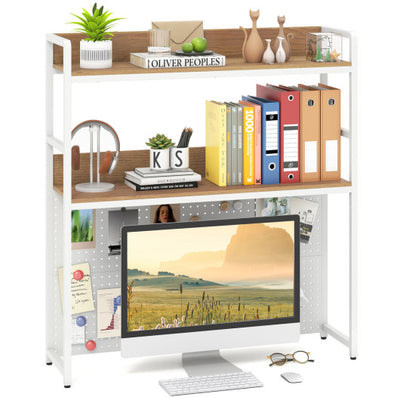 Multipurpose 2-Tier Desktop Bookshelf with Pegboard for up to 32 Inch Computer Monitor-Natural