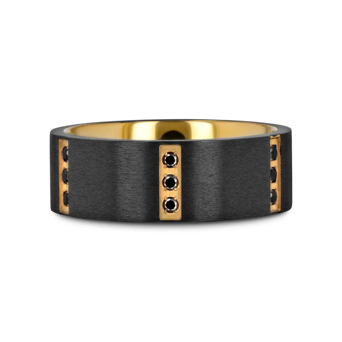MURAMASA Flat Brushed Black Titanium Ring Gold Plated Inside with 6 Gold Plated Stainless Steel Bezels Triple Black Diamond Setting - 8mm