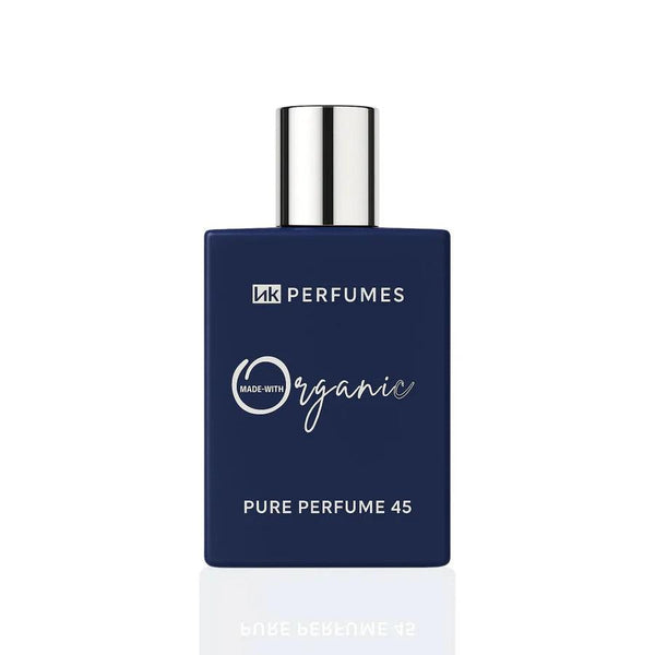 HK PERFUMES Blue perfume bottle with silver cap on a white background. PURE PERFUME 45 1.7OZ-50ML