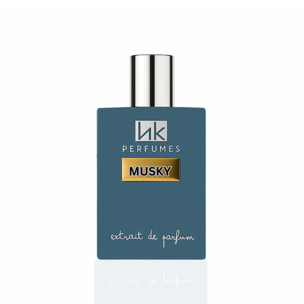 Perfume bottle labeled 'Musky' by hK Perfumes on a white background. EXTRAIT DE PERFUM 1.7OZ-50ML