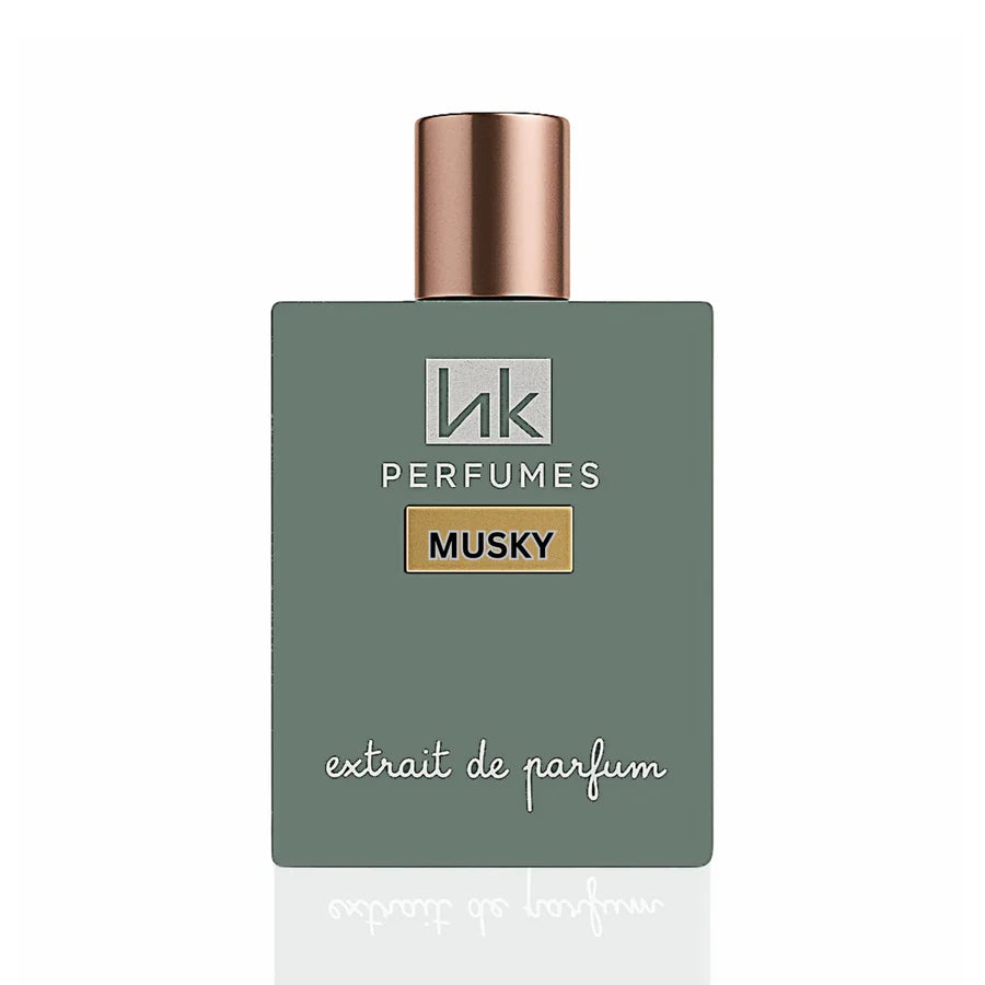 Perfume bottle labeled 'MUSKY' by 'hk PERFUMES' on a white background. EXTRAIT DE PERFUM 3.4OZ-100 ML