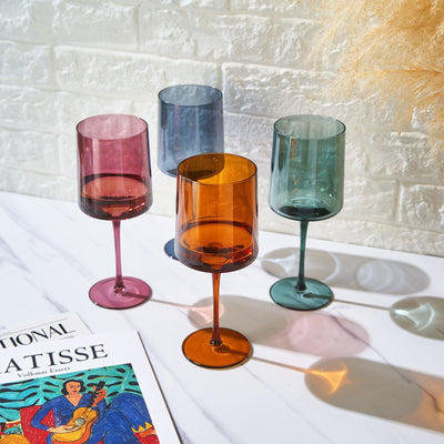 Muted Colored Square Crystal Wine Glasses Set of 4, Gift For Her, Him, Wife, Friend - Large 13.5 oz, Italian Style Tall Drinkware - Red & White, Dinner, Color Beautiful Glassware, Stemmed Glass