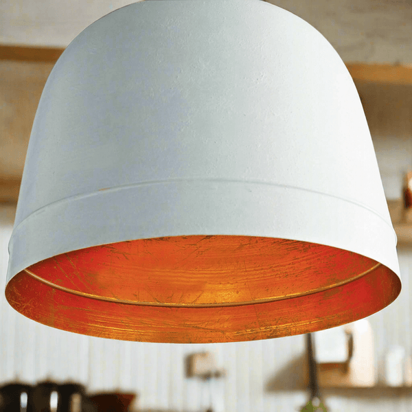 White Farmhouse Dome Pendant Light with Gold Interior