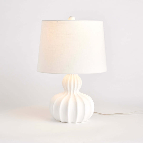 White Carved Wood Table Lamp with Curved Base